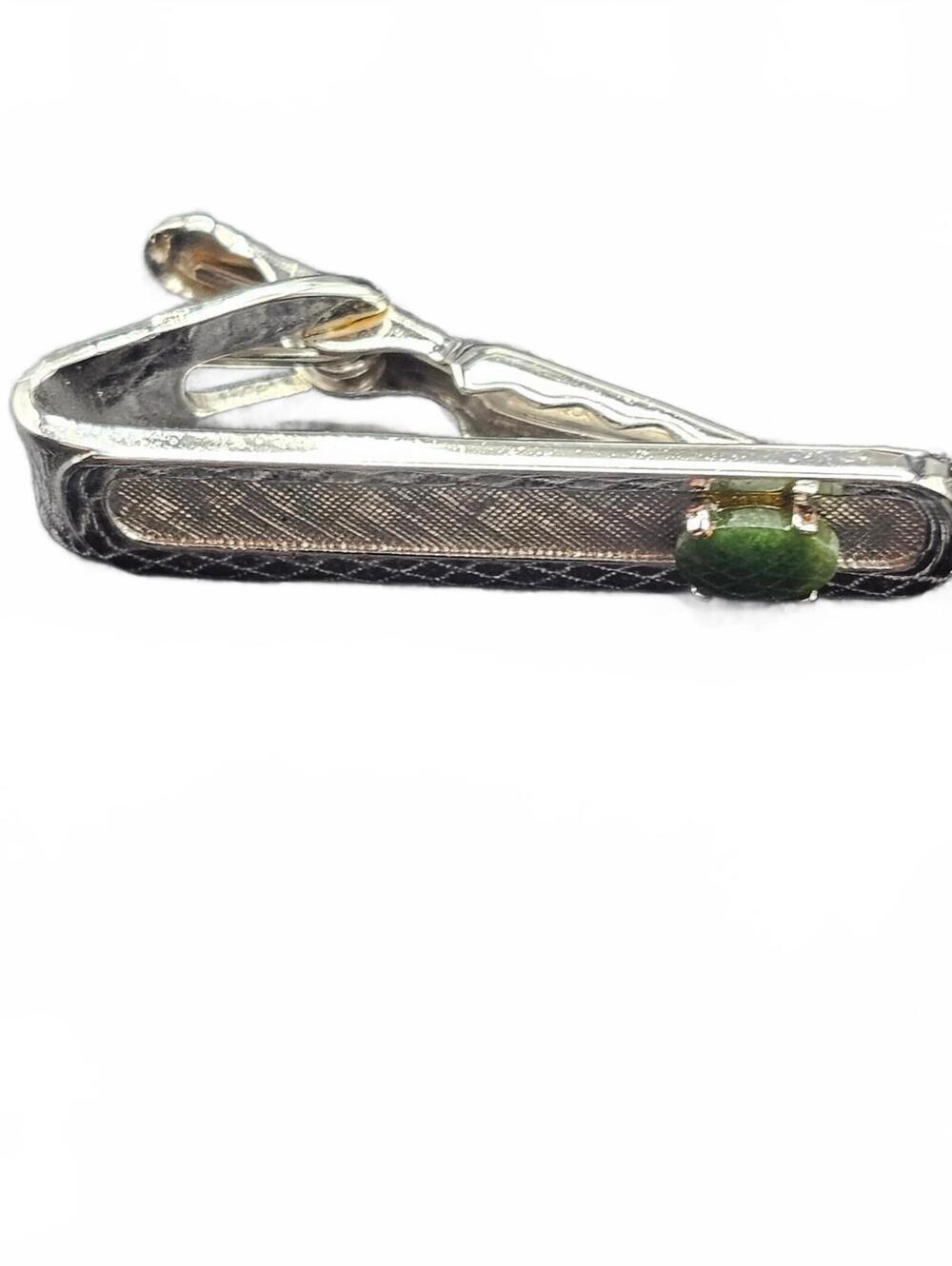 Silver Tone Tie Bar with Green Accent